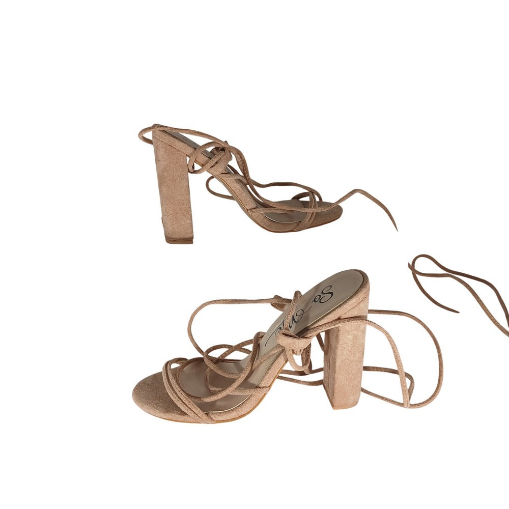 So Me Abelle Sandals 7 Tan Faux Suede Lace Up Block Heel Strappy Boho Chic